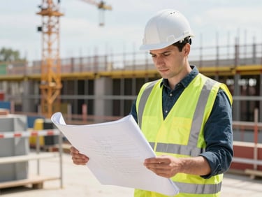 A professional construction manager in a hardhat and high-visibility vest on a bright UK construction site, looking at blueprints, 35mm