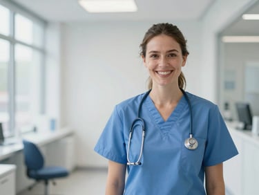 A healthcare worker in clean blue scrubs smiling in a bright, modern UK clinic environment, crisp editorial photography, 35mm