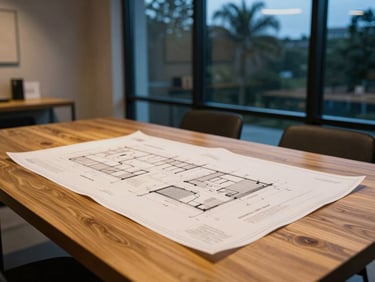 Wide environmental shot of a clean, modern design studio in Davie Florida, architectural blueprints on a large oak table, warm ambient lighting, 35mm