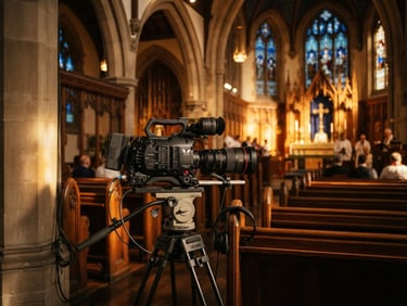 A professional high-definition broadcast camera positioned discreetly in a sunlit sanctuary, shallow depth of field, warm golden highlights, 35mm