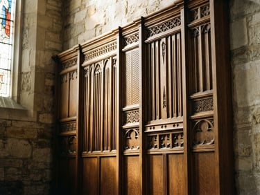 Close-up of elegant wooden acoustic paneling integrated into a church wall, soft side lighting, architectural detail, 35mm