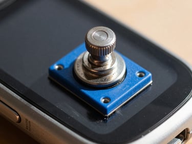 Extreme close-up of a blue mechanical toggle switch on a mobile screen, natural daylight casting distinct shadows