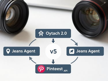 A clean, high-key technical diagram showing secure OAuth 2.0 token exchange between Jeans Agent and Pinterest API v5 endpoints, flat vector style, slate-blue accents.