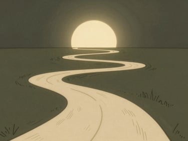 Refined hand-drawn line art illustration of three winding paths merging into a single path leading towards a glowing sun, warm cream lines on deep olive green background
