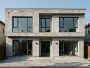 Wide exterior shot of a two-story house facade in mid-morning daylight, exposed concrete finish and large windows, paved driveway visible, neighboring context present, no people, no staging