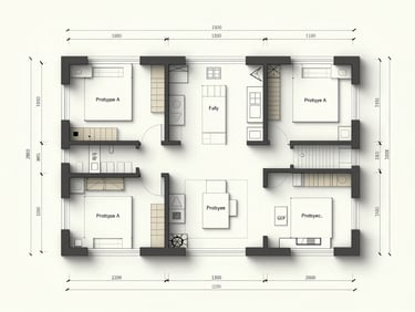 Overhead architectural floor plan diagram of Prototype A showing room layout, wall thicknesses, door and window positions, dimension annotations as line drawing on light background, no color fill, clear room labels