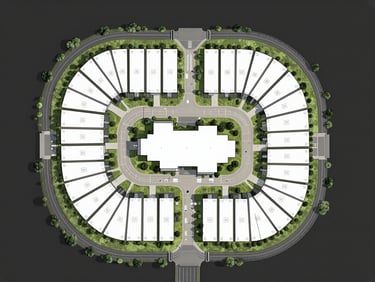 Overhead architectural plot-plan diagram of a residential subdivision showing numbered lots, internal road network, access points, and green perimeter buffer zones, clean line drawing on dark background, true top-down orthographic view, no people, no furniture, no color grading