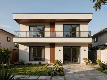 Full exterior facade of Prototype C house at ABIE Residencial, wider two-story elevation with upper balcony, front garden with natural stone path, mid-morning light casting soft shadows, no people