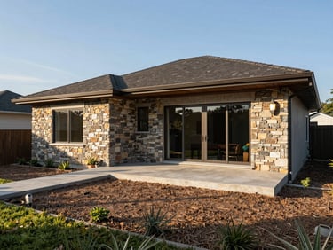 Wide exterior shot of a house with an open side patio in true mid-morning daylight, natural stone accent wall, unpaved garden area adjacent, neighboring lot visible, no people, no staging