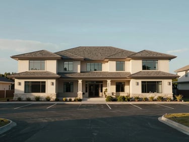 Wide exterior shot of a larger two-story house facade in afternoon daylight, flat roof detail visible, ample parking area in front, surrounding terrain context, no people, no staging