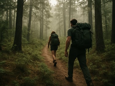 Backpackers navigating a dense pine forest trail in Sierra de Quila, misty morning light