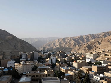 Wide environmental shot of Kabul valley under soft morning light, high-trust institutional documentary style, 35mm lens.