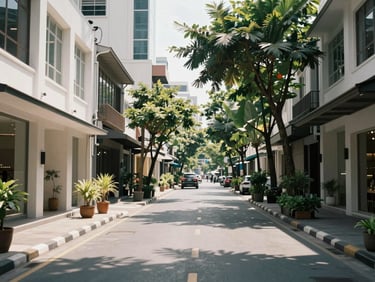 Thonglor street at midday, tree-lined avenue with boutique facades, clean architectural detail, no people, strong natural light