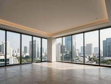 Interior of a Bangkok luxury condominium, wide-angle view of open-plan living space, floor-to-ceiling glazing with city view beyond, natural daylight, no people, clean architectural lines