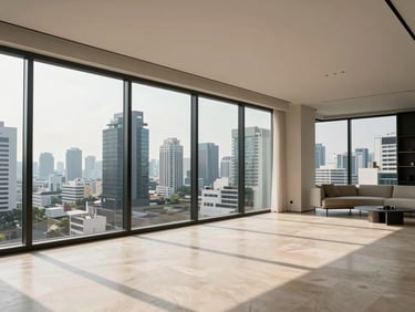 Interior wide shot of a Bangkok luxury penthouse living room, floor-to-ceiling glass overlooking the city below, afternoon north-facing daylight casting clean shadows across pale stone flooring, minimal furniture revealing the spatial volume, no people, no staging