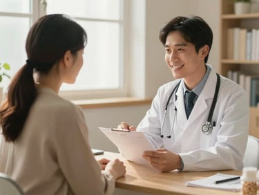 一位女性代孕妈妈与一位友善的医生在诊室中交流,医生正在解释医疗报告,环境温馨,光线柔和。