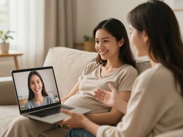 一位女性代孕妈妈在沙发上与一位咨询师进行线上视频通话,两人都面带微笑,环境私密舒适,光线温暖。