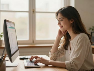 一位年轻女性在舒适的家庭办公室里,正查看电脑上的银行账户信息,面带轻松的微笑,窗外是柔和的自然光。