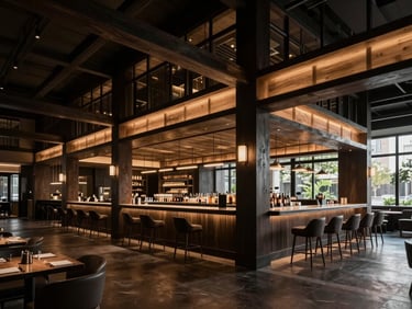 Wide environmental shot of a high-end hospitality venue interior, architectural lighting highlighting structural details, deep shadows.