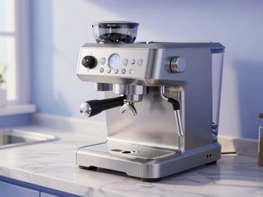 A modern stainless steel espresso machine sitting on a clean marble kitchen counter, soft morning light.