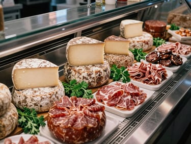 Overhead shot of a modern deli counter, artisanal cheese wheels, cured meats, and fresh herbs arranged elegantly, soft side-lighting