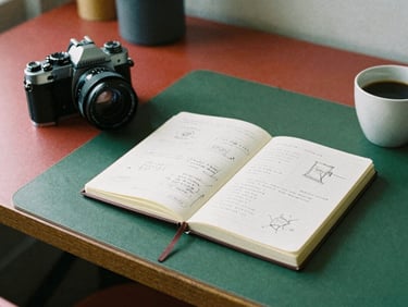 A creative desk in our Athens studio with a camera, open parchment notebook showing sketched content layouts, and a cup of coffee, soft side-lighting, 35mm film.