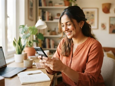 Medium close-up of a smiling Indian woman in a bright, sunlit home office, typing on a smartphone, soft window light, warm editorial photography style.