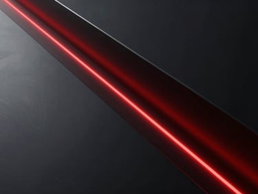 Sleek 3D render of architectural geometry with glowing red light paths running along dark metallic surfaces, low-key high-contrast dramatic lighting, octane render