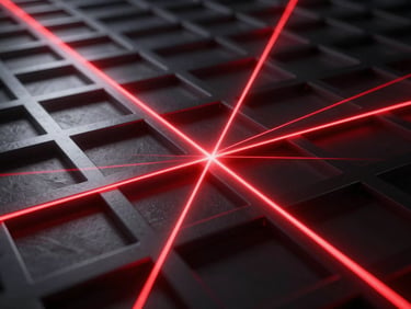 Abstract 3D data flow visualization, crimson red laser lines cutting through a dark metallic grid structure, high-contrast low-key lighting