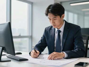 An engineer analyzing technical drawings and blueprints on a table, high-contrast professional corporate lighting, 35mm