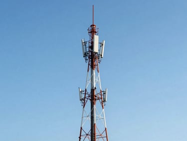 A tall telecommunication tower against a clear blue sky, bright natural daylight, sharp focus, professional corporate photography