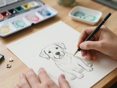 Hands sketching dog illustrations on a wooden desk surrounded by watercolor paints and metallic pins, warm natural daylight, 35mm film style
