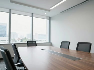 Bright natural daylight photo of a modern corporate boardroom in Jababeka, clean architectural lines, professional environment, soft cool tones, 35mm lens