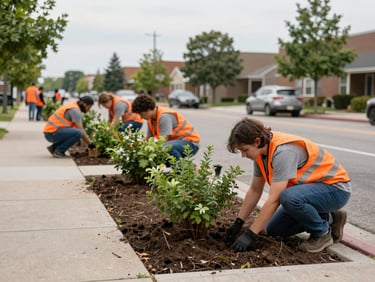 Wide environmental shot of community volunteers planting native shrubs in urban sidewalk cutouts, bright natural overcast daylight, 35mm documentary style.
