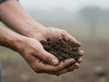 A close-up of dark, rich soil held gently in weathered hands, soft overcast morning light, documentary editorial style.