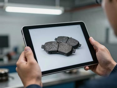 Close-up shot of a mechanic holding a tablet showing a clear video diagnostic of a worn brake pad, bright workshop LED lighting, clean hands, industrial setting.