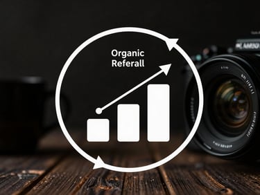 Stylized, minimalist diagram of a user acquisition growth loop showing organic referral mechanics and viral coefficient tracking, high contrast.