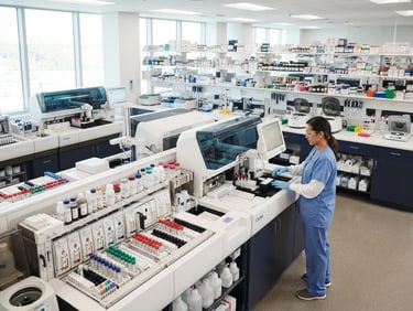 Bright clinical laboratory with high-tech medical analyzers and structured rows of diagnostic reagents, clinical daylight, sharp focus