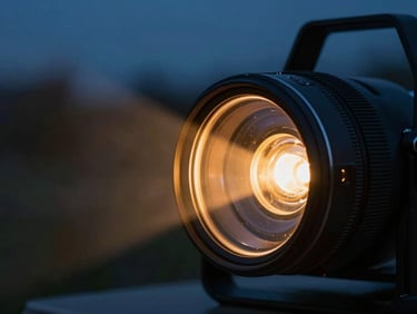 Close-up of a precision optical lens of an outdoor light projector, warm amber light glowing from within, dark background.
