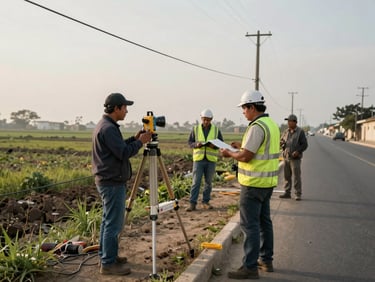 Wide environmental shot of a field crew performing FTTH route survey on a street in Lima, technician with measuring equipment reading cable span distances, aerial strand visible overhead, natural afternoon overcast light, utility poles receding into the background