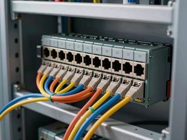 Close-up of a structured cabling panel in a rack: bundled Cat6A cables color-coded and routed into a 24-port patch panel under site task lighting, cable ties visible, metal rack rails framing the shot—tight technical framing, no studio flash