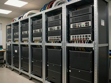 Battery bank installation in a technical room, rows of UPS units and stabilized power modules mounted in metal racks, electrical conduits running overhead, task lighting from ceiling fixtures illuminating the equipment bays