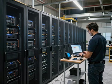 Environmental shot of a data center build-out in progress: half-populated server racks in a row, a technician with a laptop running diagnostics, measurement equipment on a side table showing reflectometry readings—task lighting from overhead, concrete-and-metal site environment