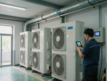 Wide shot of precision air conditioning units installed along a data room wall, refrigerant lines running overhead, a technician checking a control panel display—natural site daylight through a side door, equipment-room environment, no studio lighting