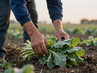 Manos de un agricultor local cosechando verduras frescas en un campo al amanecer, con gotas de rocío, enfoque en las manos y la tierra. warm editorial photography, soft natural daylight, muted Scandinavian tones with deep blue accents, shallow depth of field, 35mm lens