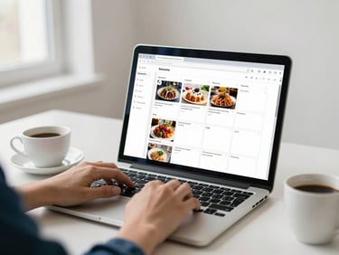 Hands typing on a laptop next to a coffee cup, screen showing a social media content calendar with restaurant posts, in a clean, minimalist agency office with soft daylight.