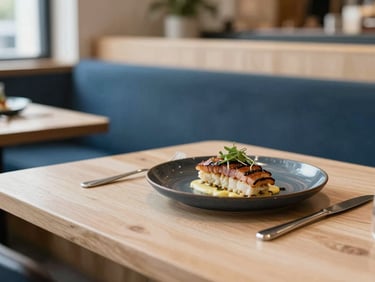 Interior de un restaurante escandinavo acogedor con mesas de madera clara, luz natural suave, y un plato gourmet presentado elegantemente en primer plano. warm editorial photography, soft natural daylight, muted Scandinavian tones with deep blue accents, shallow depth of field, 35mm lens