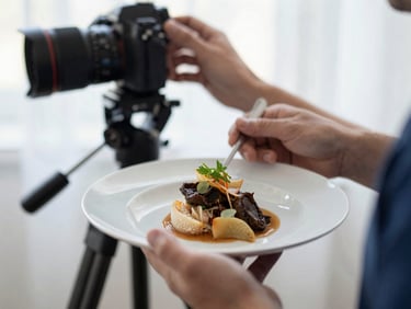 Close-up of a professional photographer's hands adjusting a camera on a tripod, framed to show a beautifully plated local dish in soft natural daylight, muted Scandinavian tones.