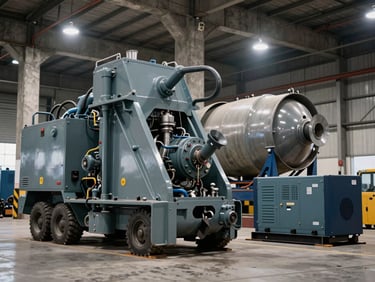 Heavy industrial equipment in a warehouse bay — compactors, mixers, and generators under hard tungsten spotlights, wide framing showing machine scale against concrete columns
