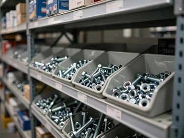 Hardware bins sorted with bolts, nuts, and fasteners in compartmentalized shelving, hard overhead warehouse lighting, close-up showing label tags and organized stock